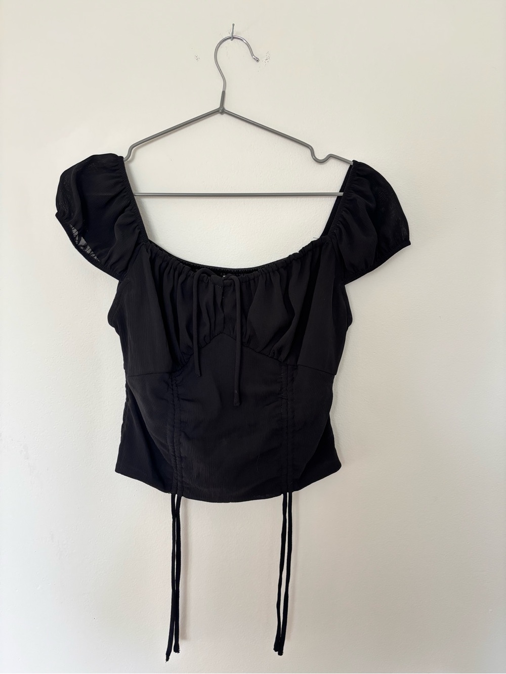 Active USA Black Puff-Sleeve Drawstring Peasant Top